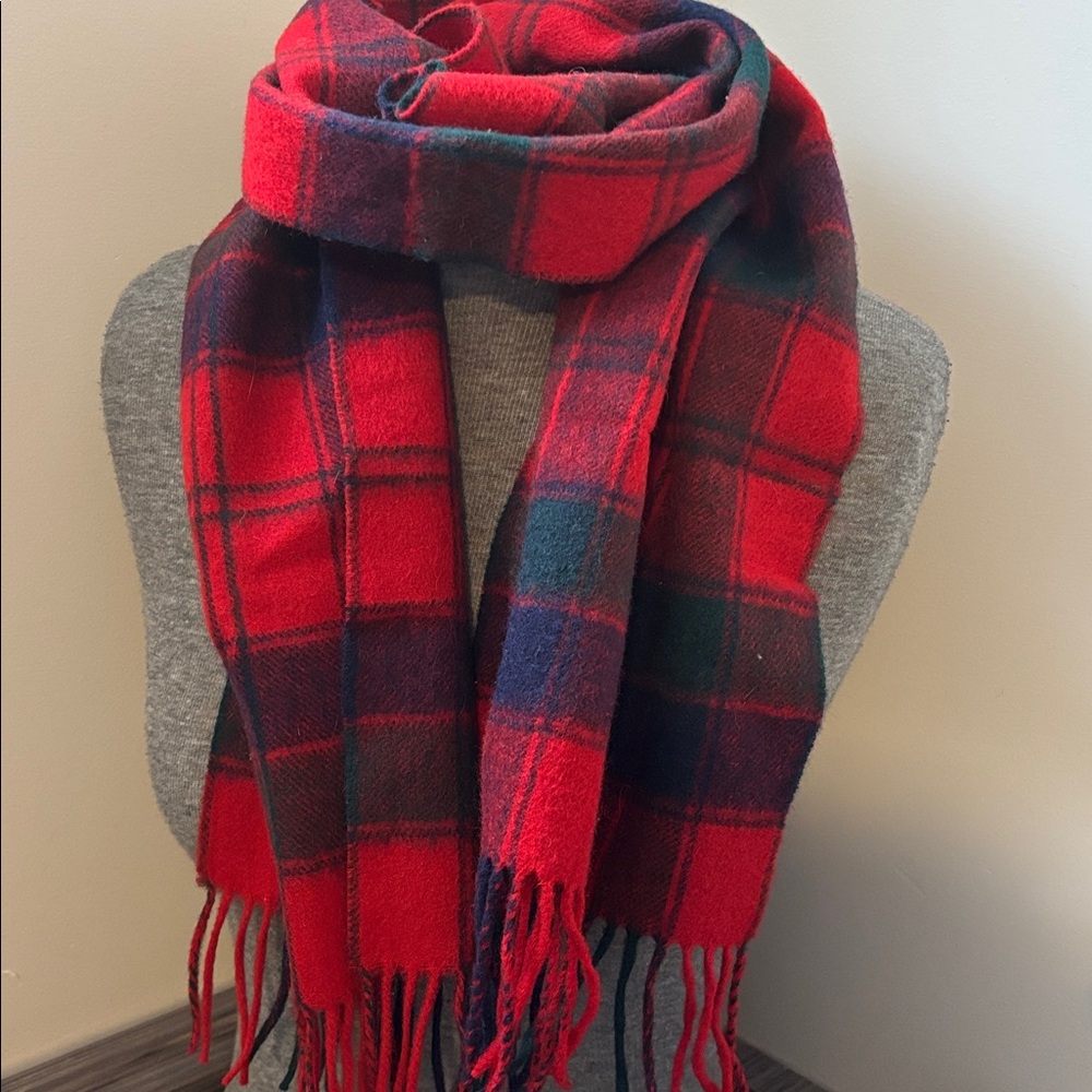 Red and Blue Buffalo Plaid Wool Scarf with Fringe by James Pringle Weavers